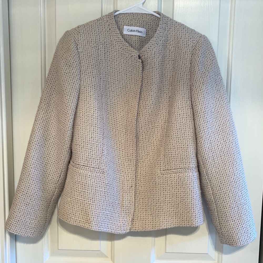 Calvin Klein Zip Front Beige Boucle Blazer